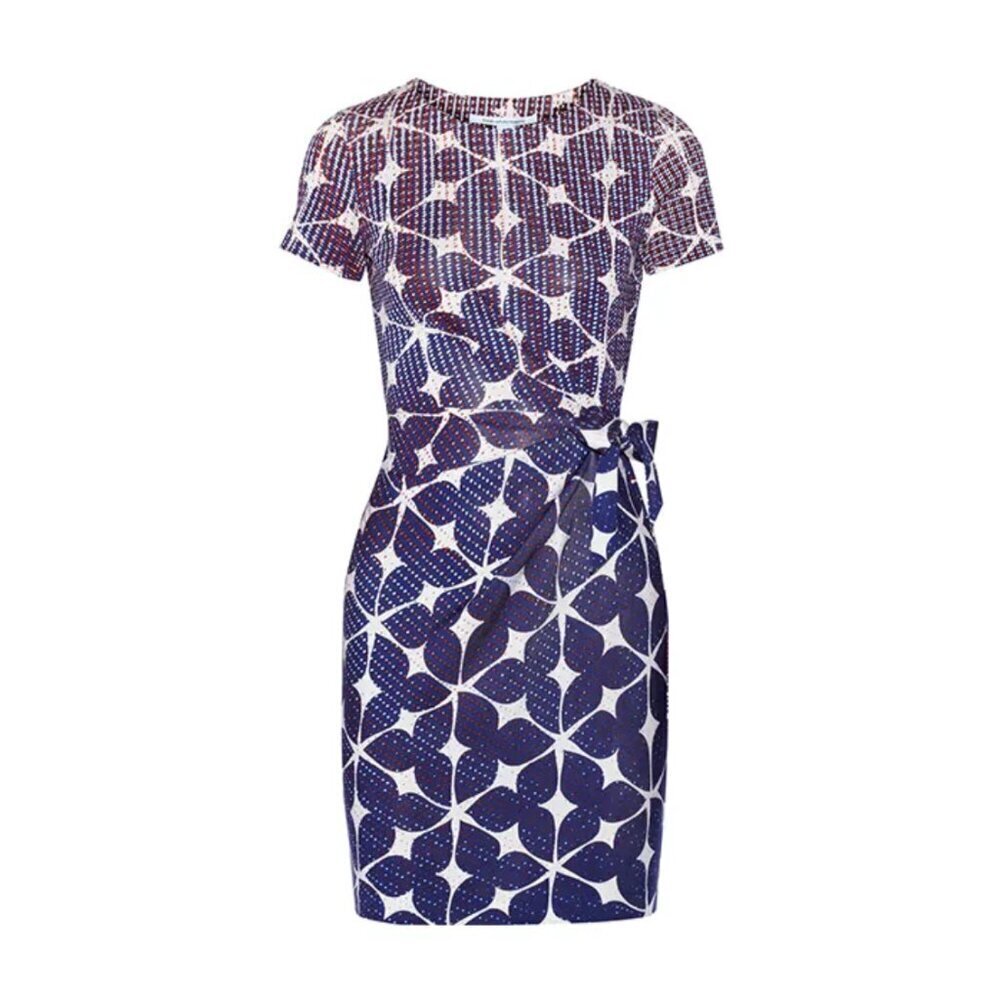 Diane von Furstenberg ‘Zoe’ Printed Silk Jersey Dress in Navy Red Cream, sz 0